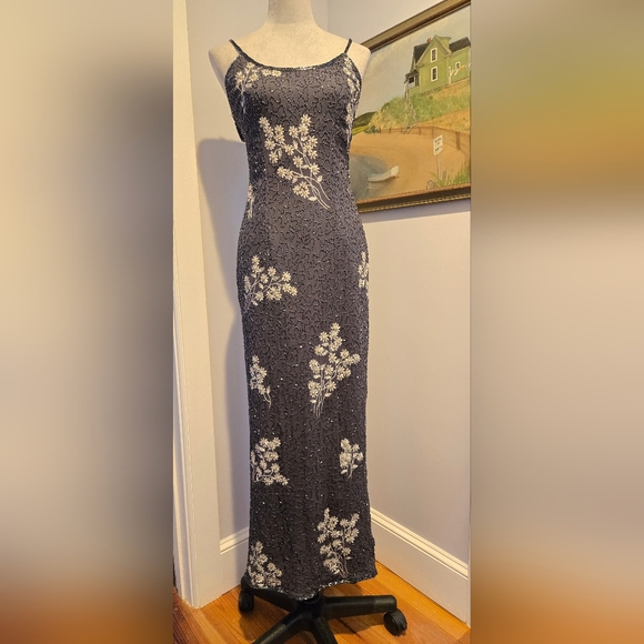Papell Boutique Evening silk sheath beaded gown spaghetti straps sz 12 Papell Boutique Evening silk sheath beaded gown spaghetti straps sz 12